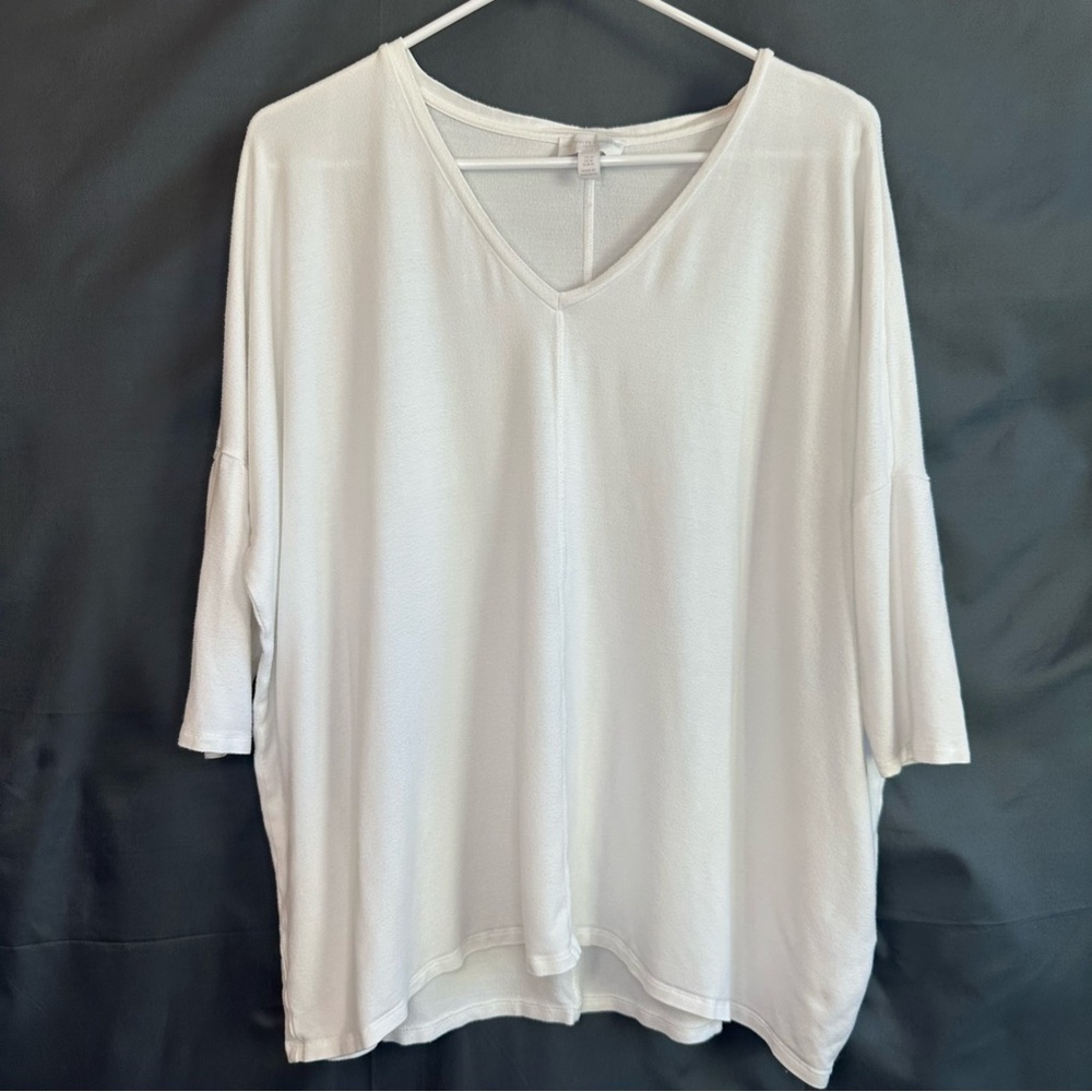 The White Company White Textured Oversized V Neck 3/4 Sleeve Top Size Medium